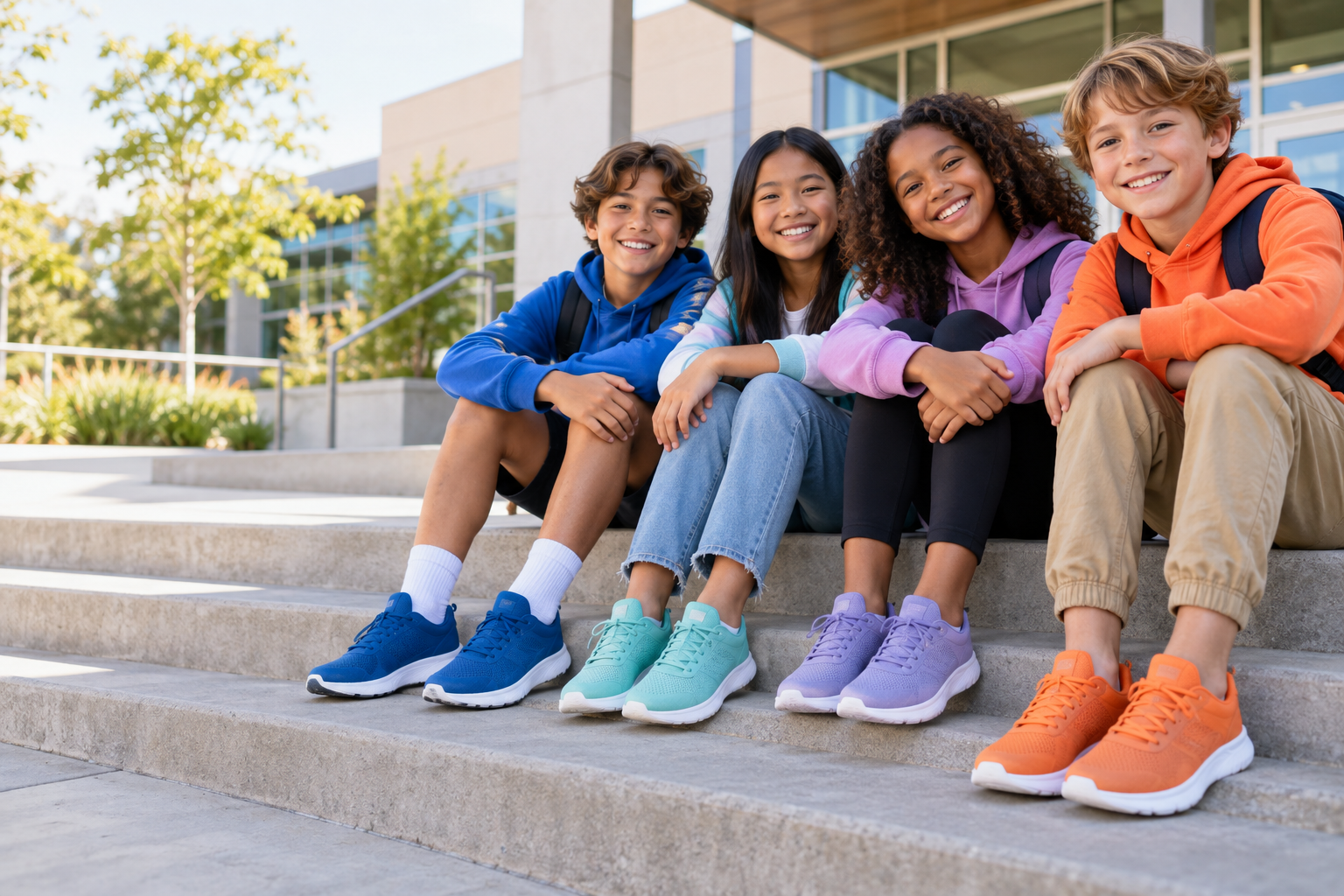 Children showing off colorful sneakers